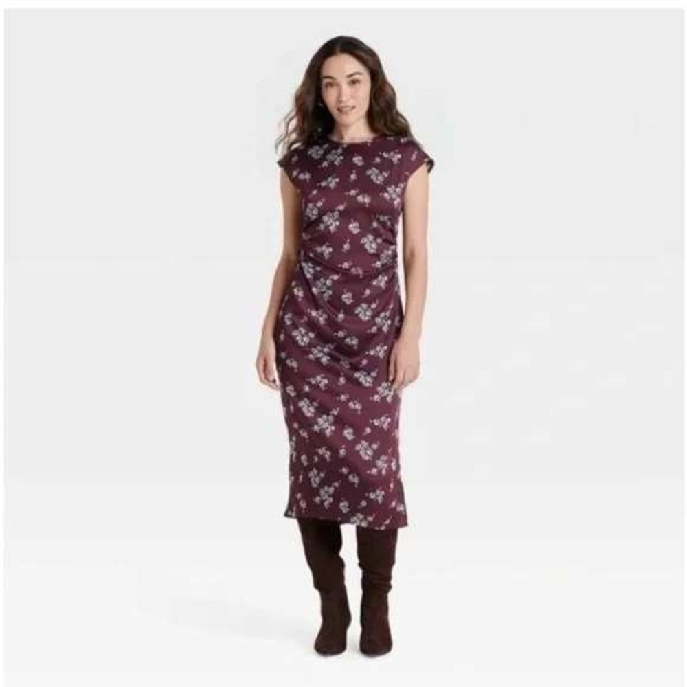 A New Day Floral Ruched Satin Midi Dress Women XXL Burgundy Cap Sleeve Side Slit